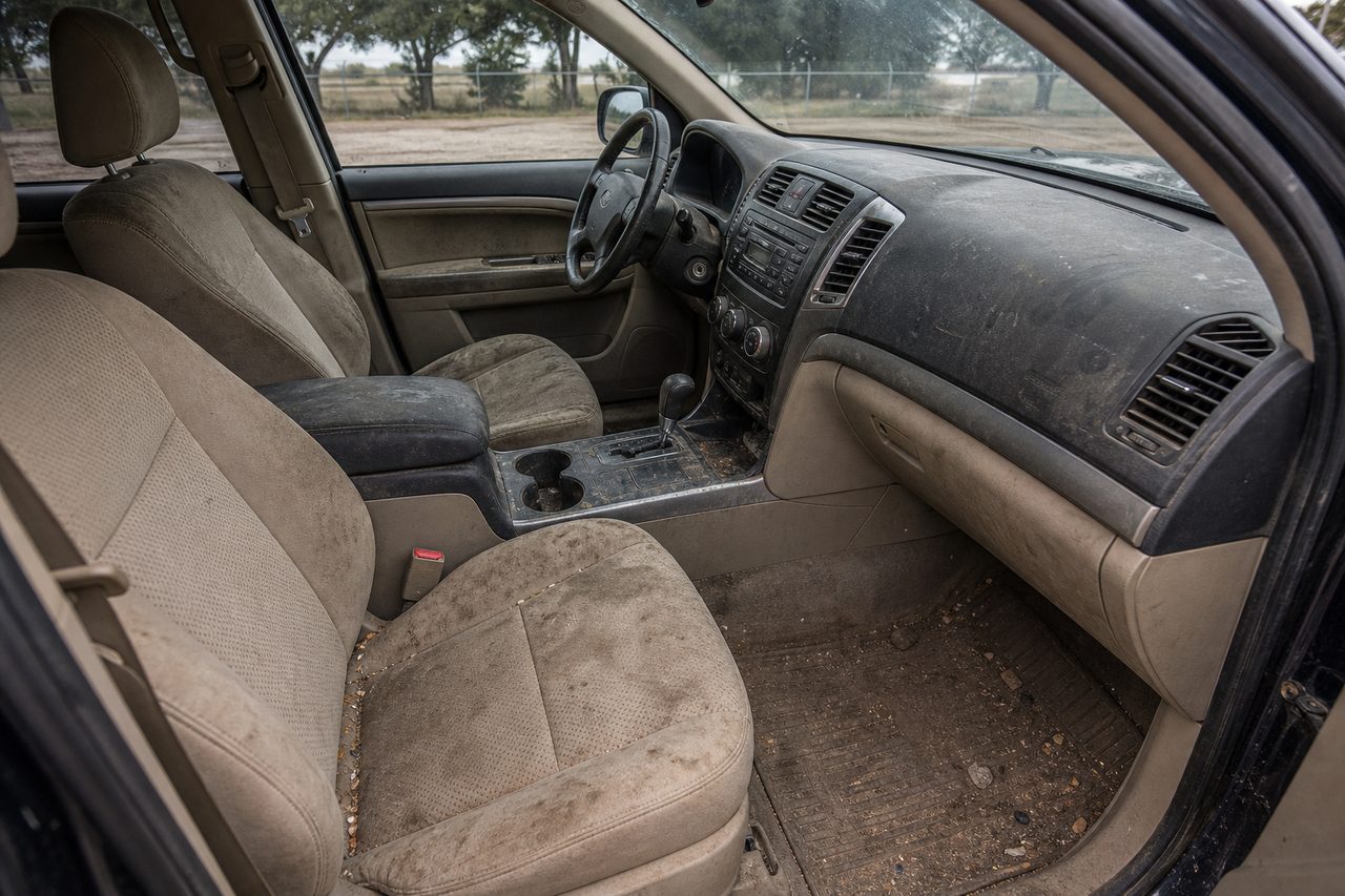 A dirty neglected car interior before detailing