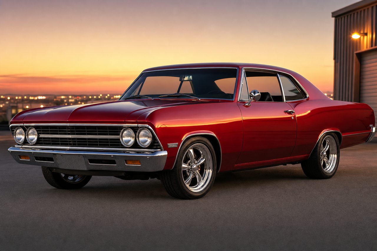 Classic muscle car freshly detailed at dusk