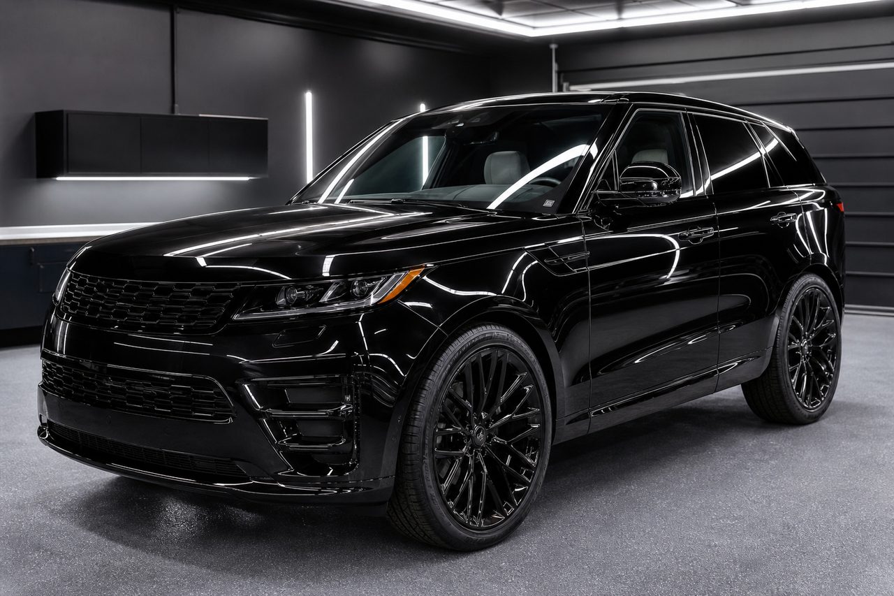 Black SUV with wet-look paint under garage lighting