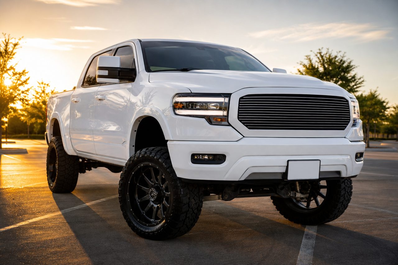 Lifted white truck fully detailed at golden hour