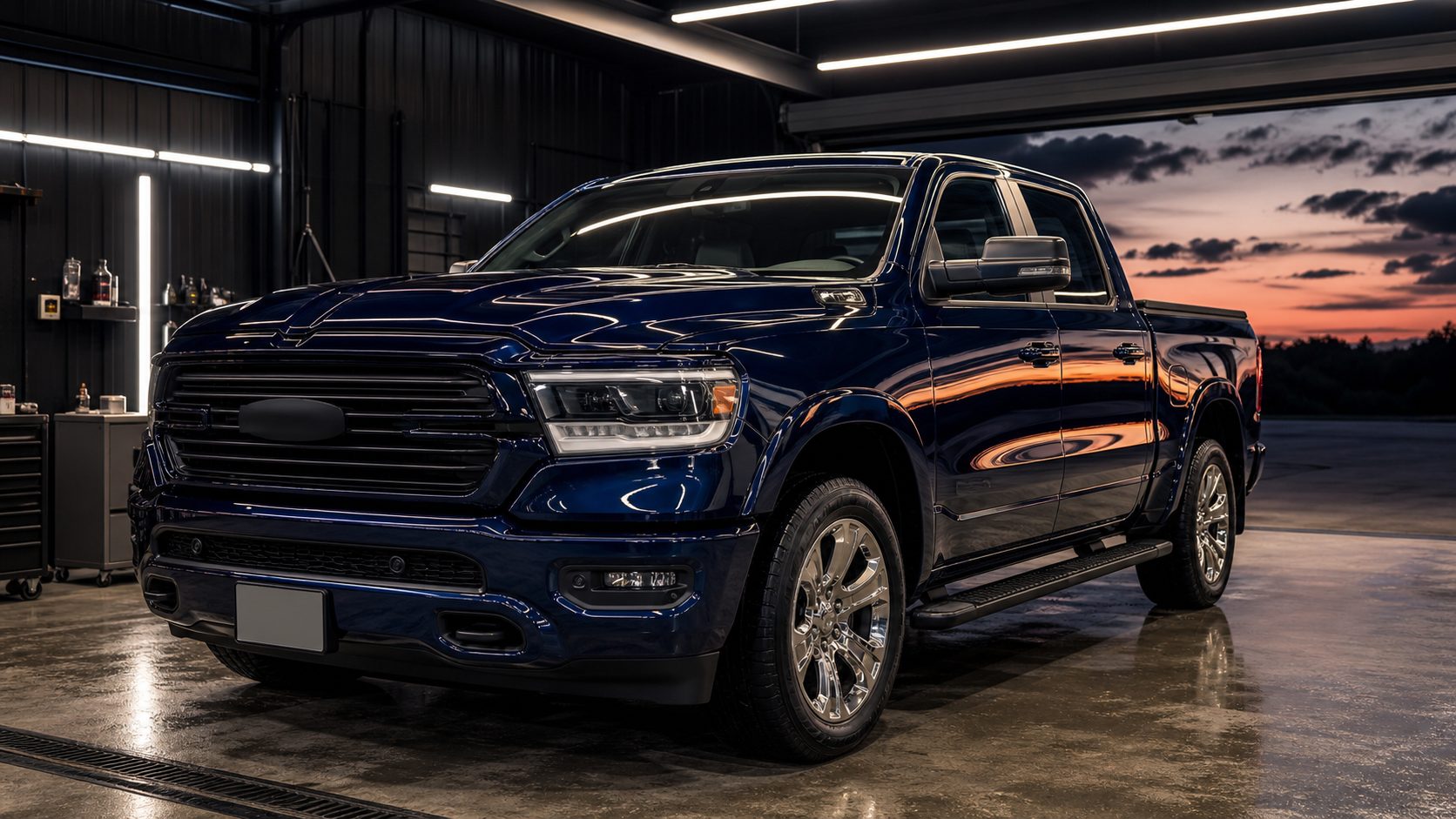 A freshly detailed dark-blue truck with mirror-finish paint in a garage bay