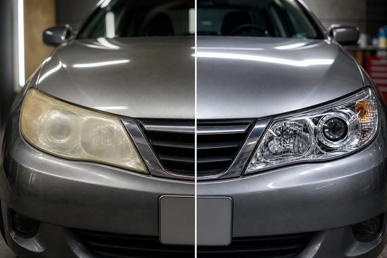 One restored headlight next to one oxidized headlight
