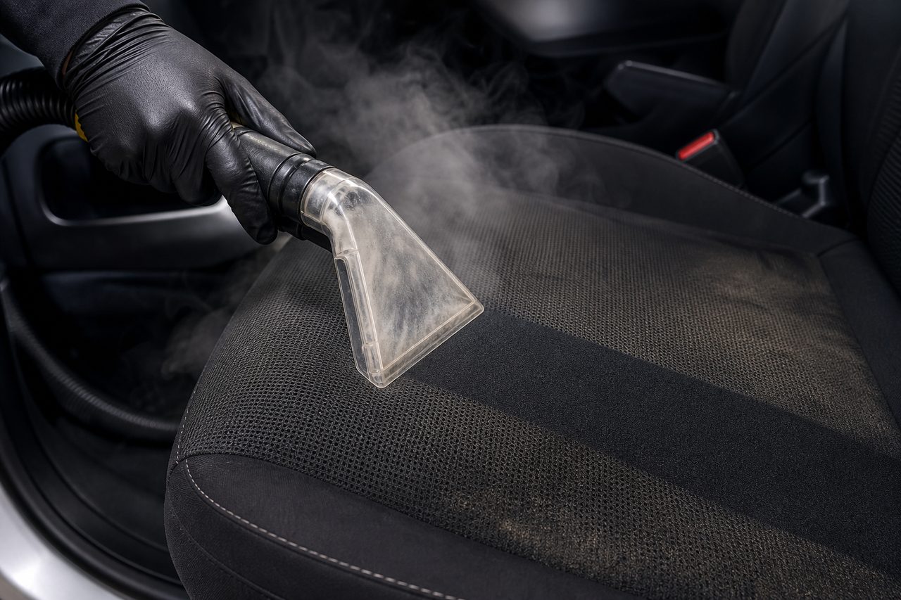 Steam extraction cleaning a car seat