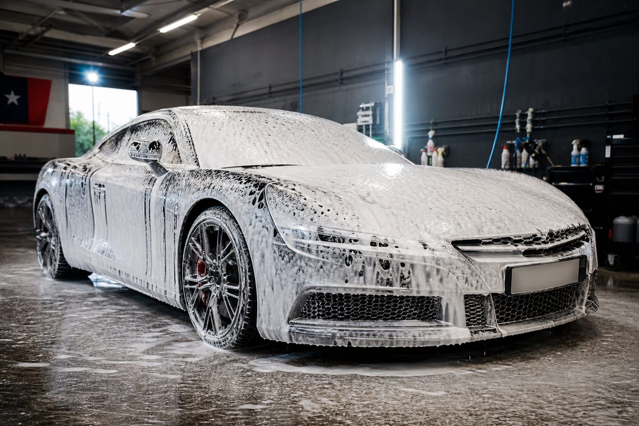 Foam cannon wash covering a sports car