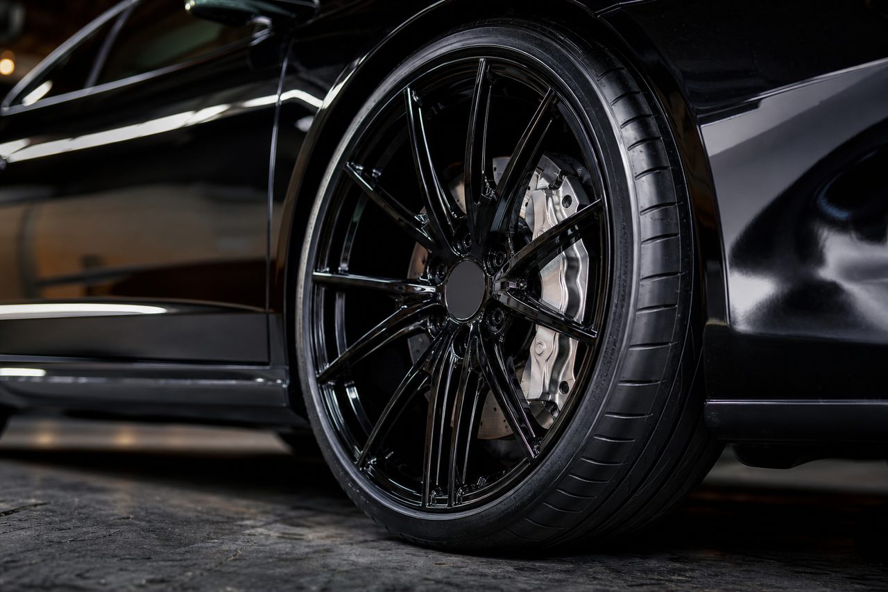 Detailed gloss black wheel and polished caliper